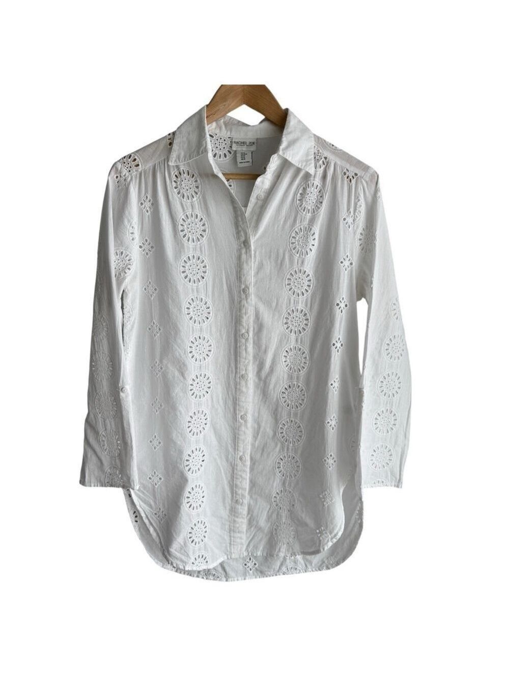 Rachel Zoe Eyelet Lace Tunic Top Sz M White Cotton Button Down Shirt Sheer EUC